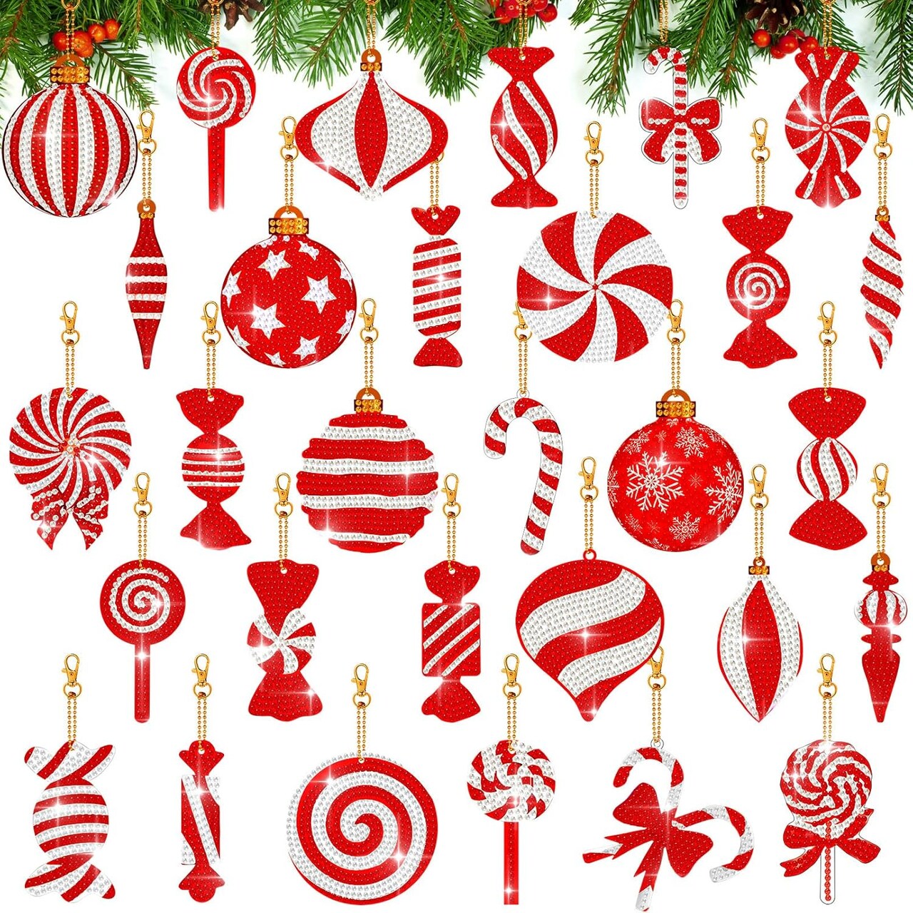 30-Piece Christmas Candy Diamond Painting Keychains – Red & White 5D DIY Hanging Ornaments, Candy Pendant Diamond Art for Adults & Beginners, Holiday Craft Decor